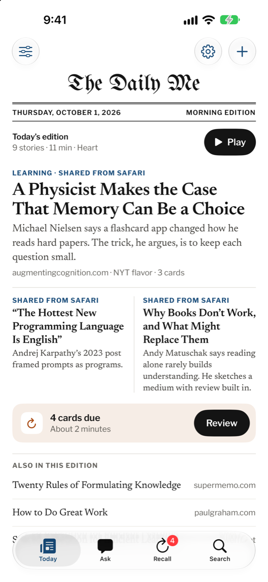 The Today screen of The Daily Me, with a front-page story, two smaller stories and a Play button for today's edition.