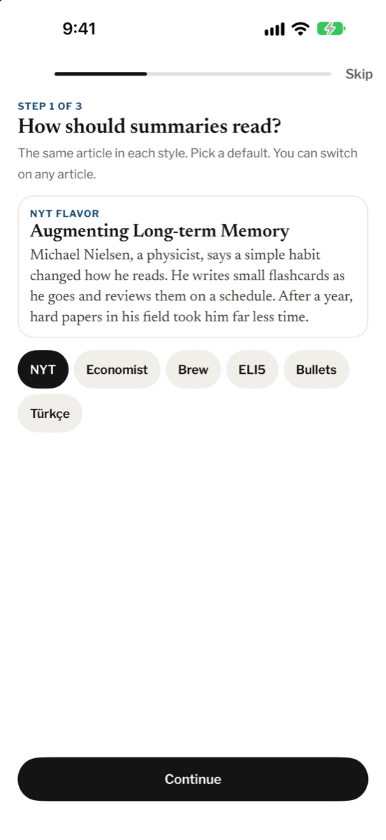 The style picker. One article is shown as an NYT summary, with chips for Economist, Brew, ELI5, Bullets and Turkce.