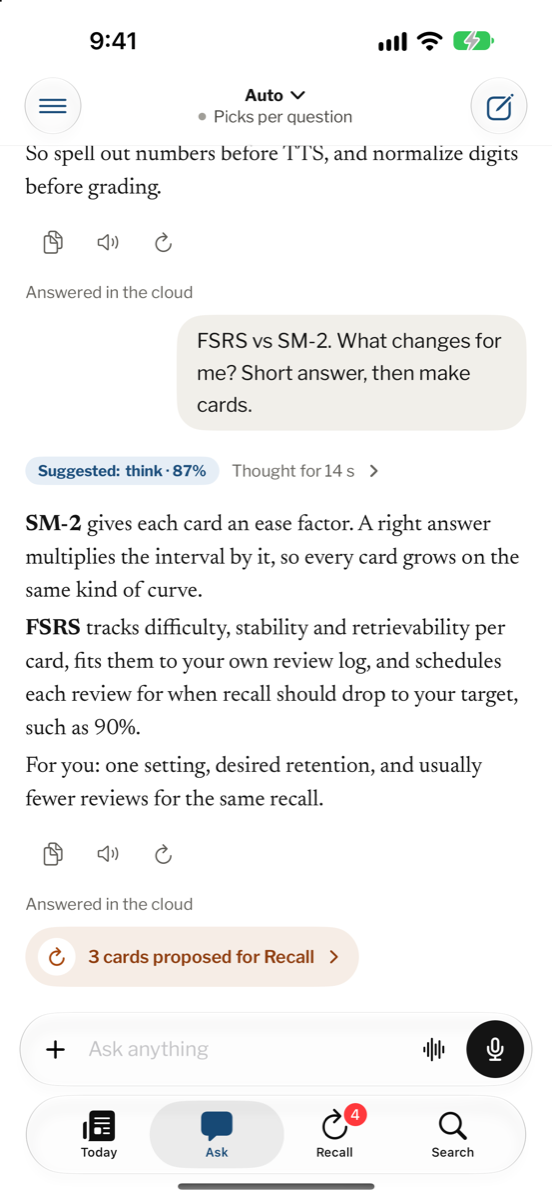 The Ask screen. It shows a Playing label, three saved articles as suggestions and a box with a microphone and a voice button.